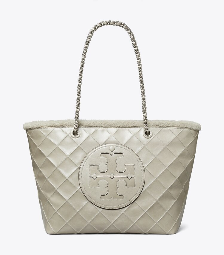 Tory Burch designer tote bags Ella Chain Shearling Tote in Cotton Grey front