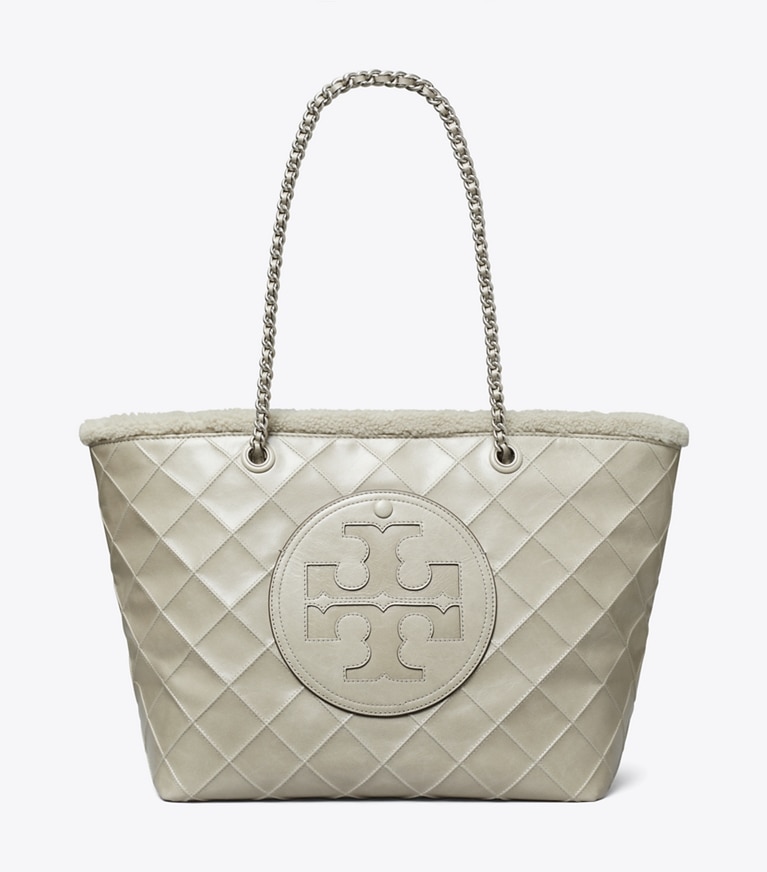 Tory Burch designer tote bags Ella Chain Shearling Tote in Cotton Grey angle