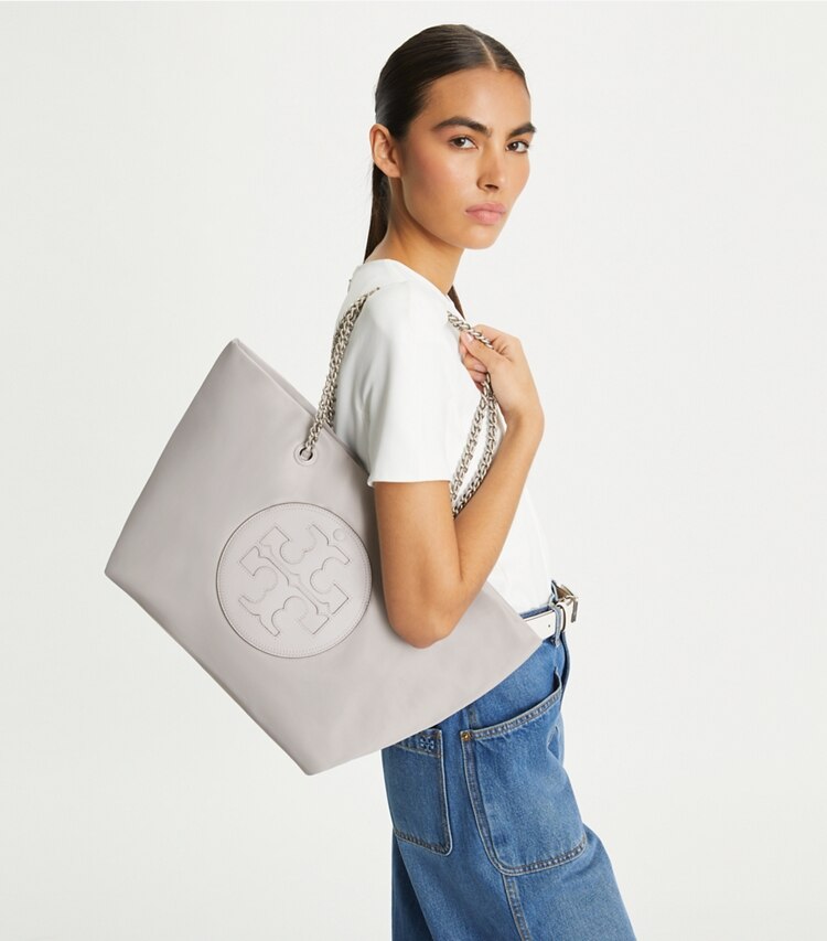 Tory Burch designer tote bags Ella Chain Tote in Bay Gray accessory on model
