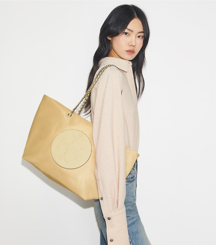 Tory Burch designer tote bags Ella Chain Tote in Praline accessory on model