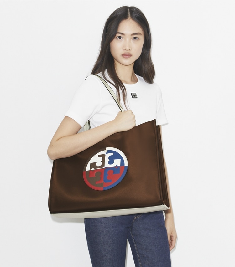 Tory Burch designer tote bags Ella Colorblock Tote in Multi accessory on model