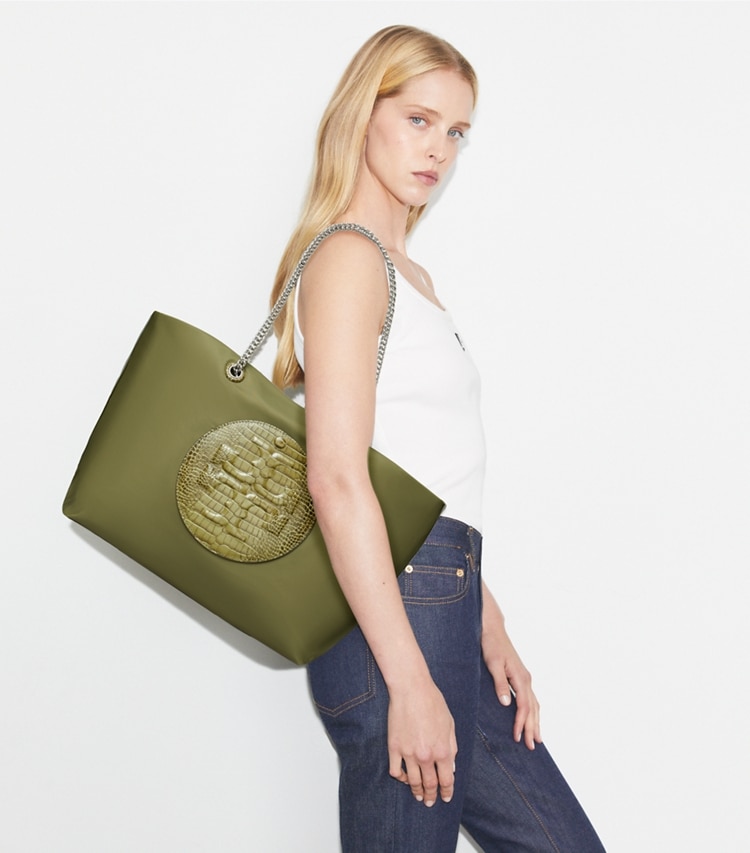 Tory Burch designer tote bags Ella Croc Chain Tote in Green Khaki accessory on model