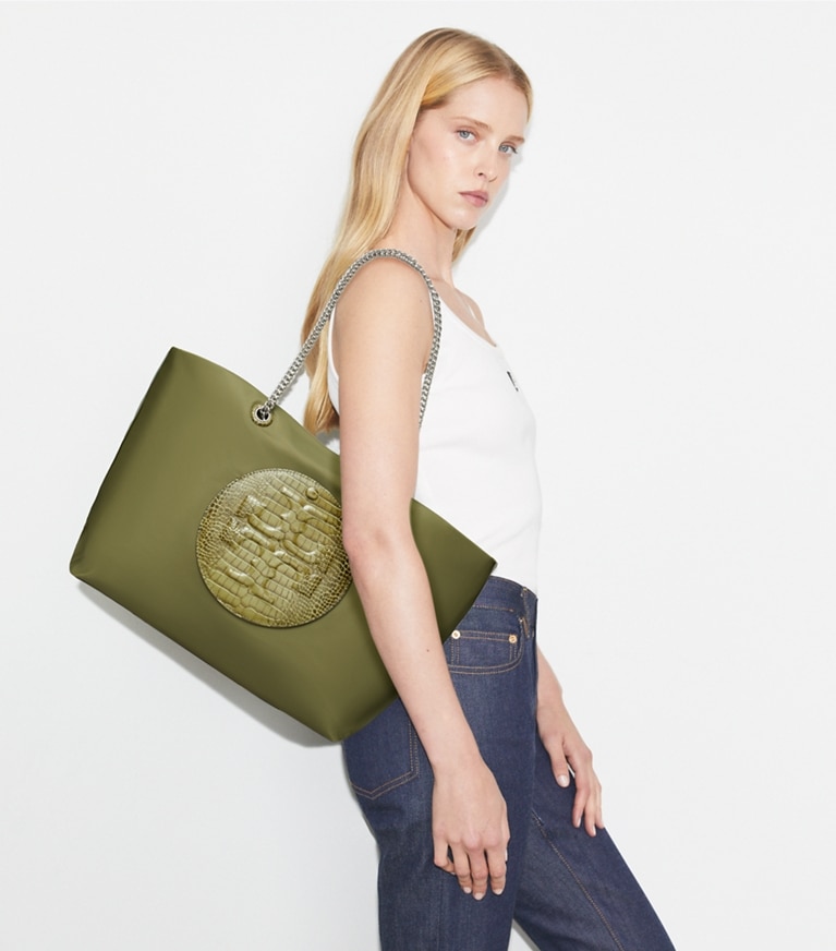 Tory Burch designer tote bags Ella Croc Chain Tote in Green Khaki angle