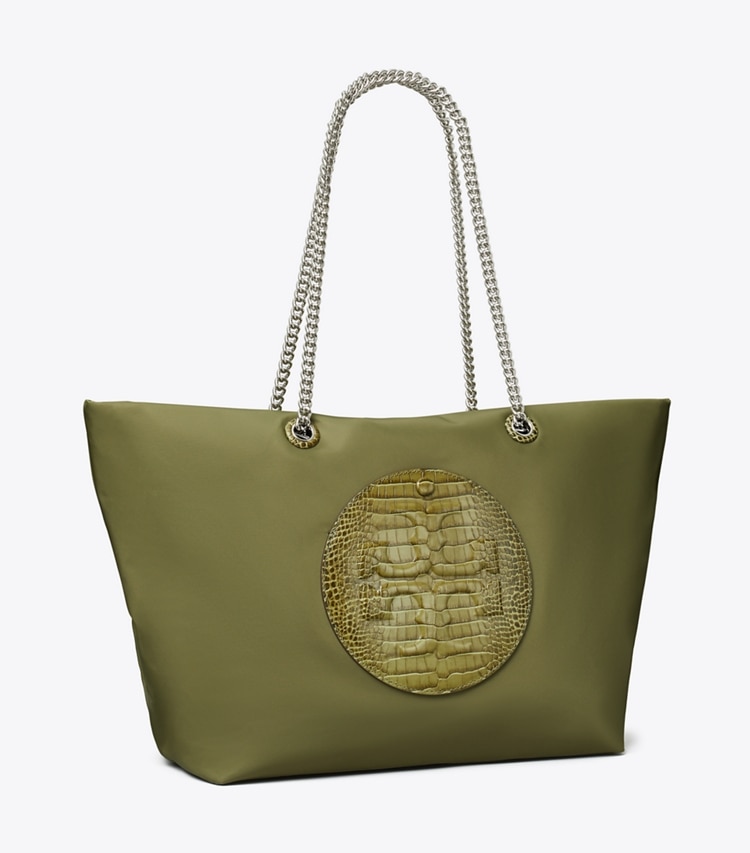 Tory Burch designer tote bags Ella Croc Chain Tote in Green Khaki angle