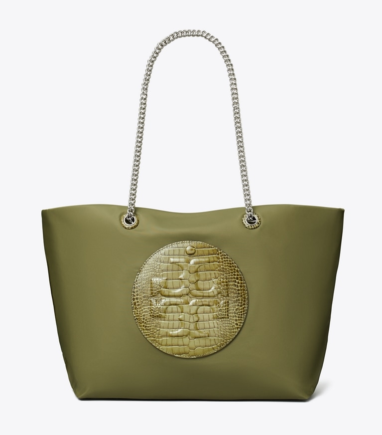 Tory Burch designer tote bags Ella Croc Chain Tote in Green Khaki angle