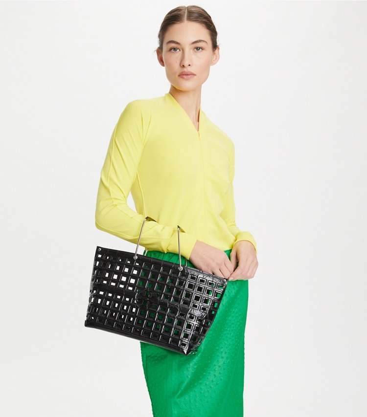 Tory Burch designer tote bags Ella Croc-Embossed Market Tote in Black accessory on model