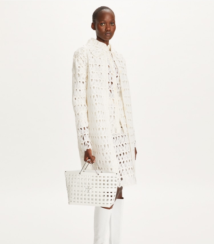 Tory Burch designer tote bags Ella Croc-Embossed Market Tote in Blanc accessory on model