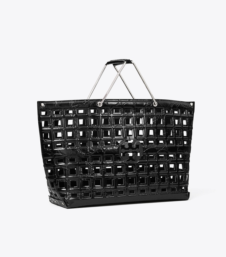 Tory Burch designer tote bags Ella Croc-Embossed Market Tote in Black angle