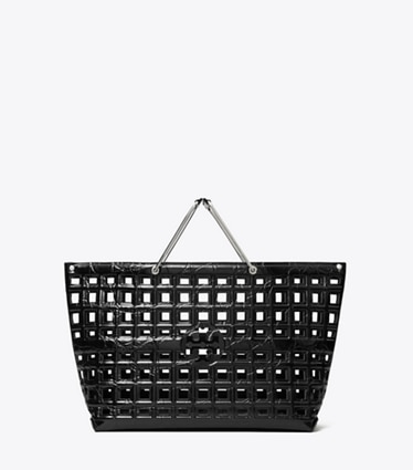 Tory Burch designer tote bags Ella Croc-Embossed Market Tote in Black front