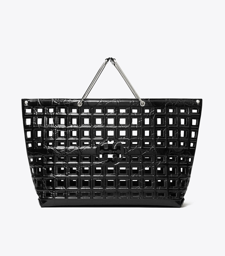 Tory Burch designer tote bags Ella Croc-Embossed Market Tote in Black front
