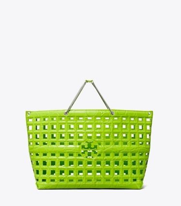Tory Burch designer tote bags Ella Croc-Embossed Market Tote in Bright Fern front