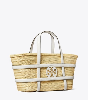 Tory Burch designer tote bags Ella Croc-Embossed Straw Basket in Blanc angle