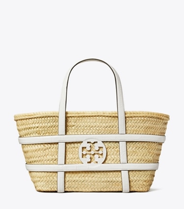 Tory Burch designer tote bags Ella Croc-Embossed Straw Basket in Blanc front