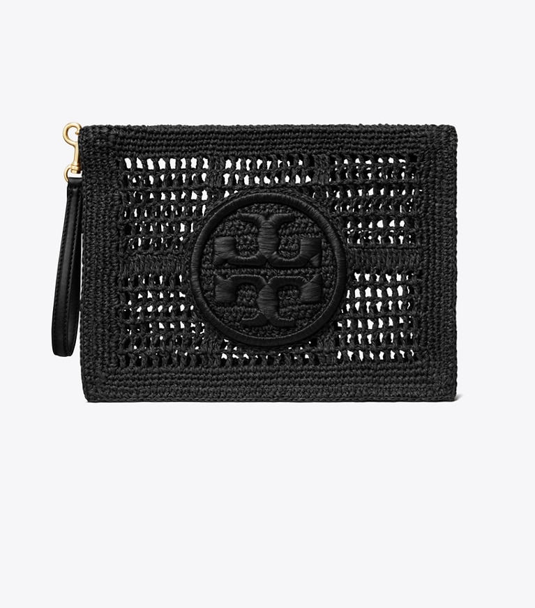 Tory Burch designer wristlets Ella Crochet Pouch in Black angle