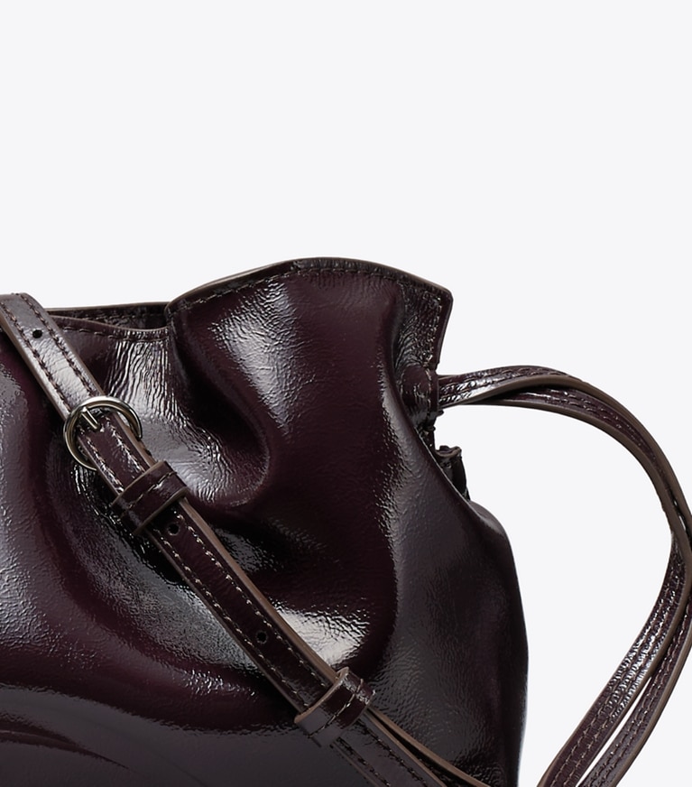 Tory Burch designer crossbody bags Ella Distressed Drawstring Pouch in Mulberry detail