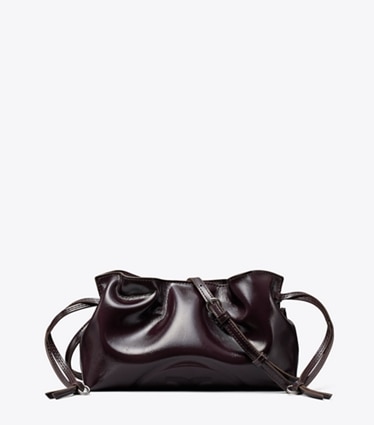 Tory Burch designer crossbody bags Ella Distressed Drawstring Pouch in Mulberry front
