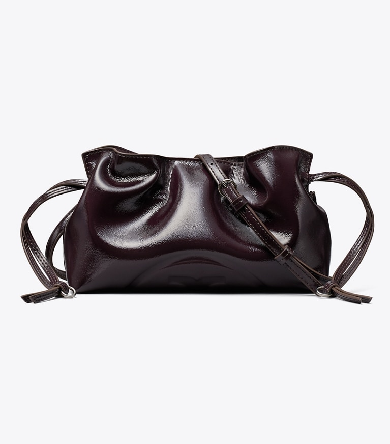 Tory Burch designer crossbody bags Ella Distressed Drawstring Pouch in Mulberry front