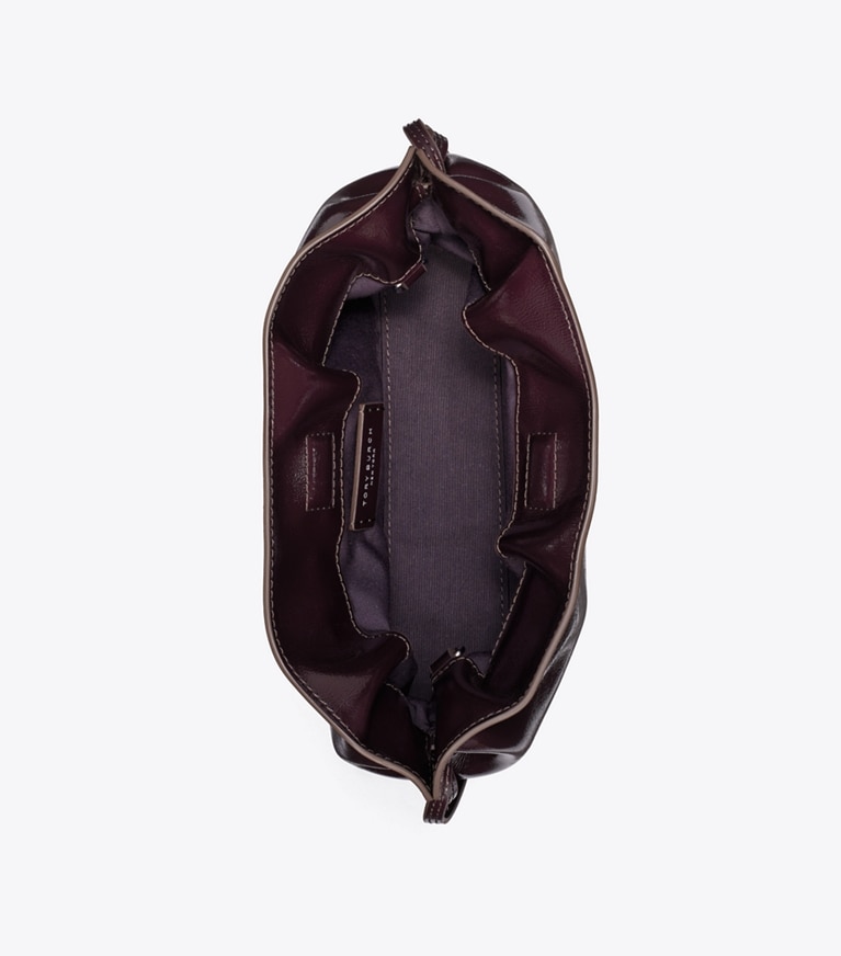 Tory Burch designer crossbody bags Ella Distressed Drawstring Pouch in Mulberry overhead