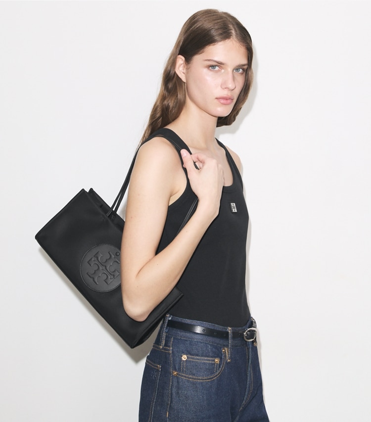 Tory Burch designer tote bags Ella East-West Tote in Black accessory on model