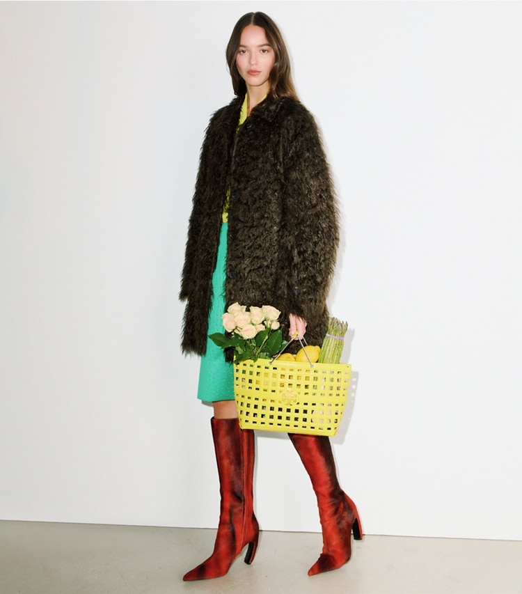 Tory Burch designer tote bags Ella Embossed Market Tote in Yellow Daisy accessory on model
