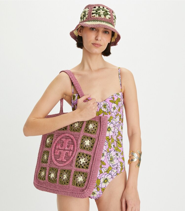Tory Burch designer tote bags Ella Floral Crochet Tote in Primrose accessory on model