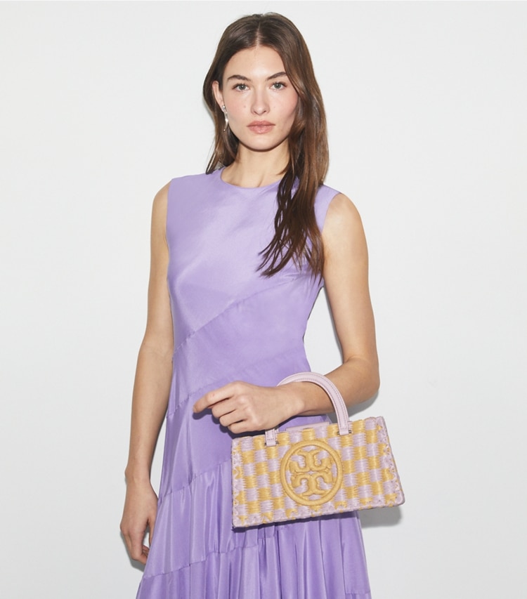 Tory Burch designer tote bags Ella Hand-Crocheted East-West Tote in Pale Purple accessory on model
