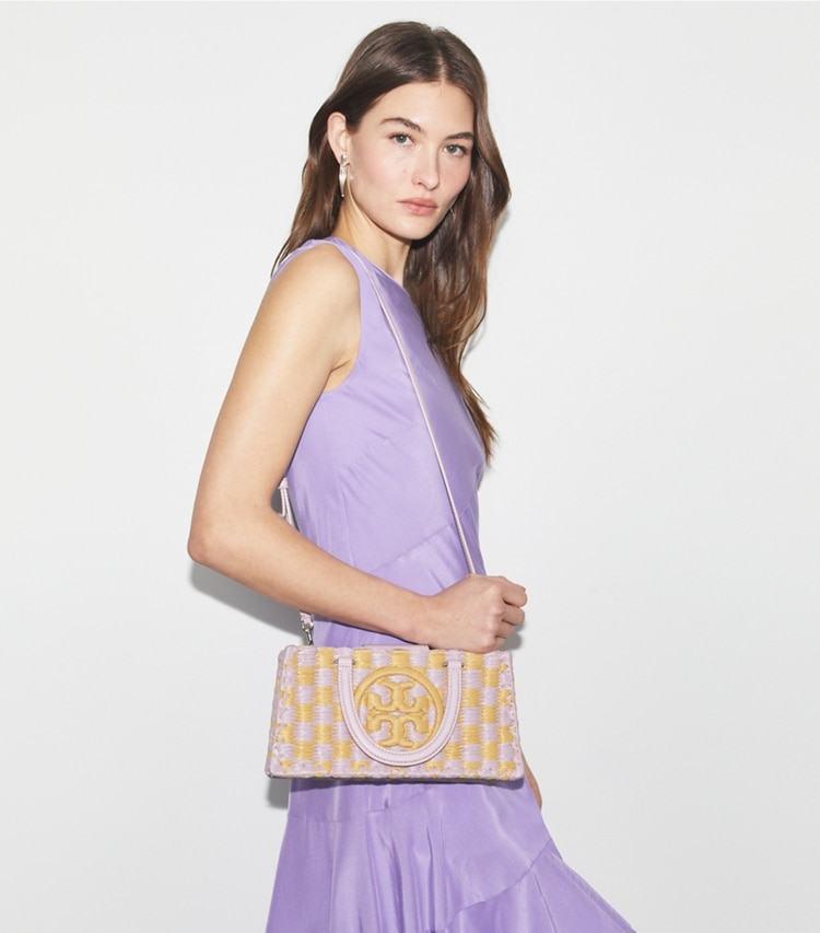 Tory Burch designer tote bags Ella Hand-Crocheted East-West Tote in Pale Purple additional on model