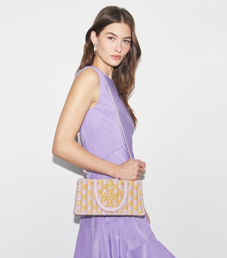 Tory Burch designer tote bags Ella Hand-Crocheted East-West Tote in Pale Purple angle
