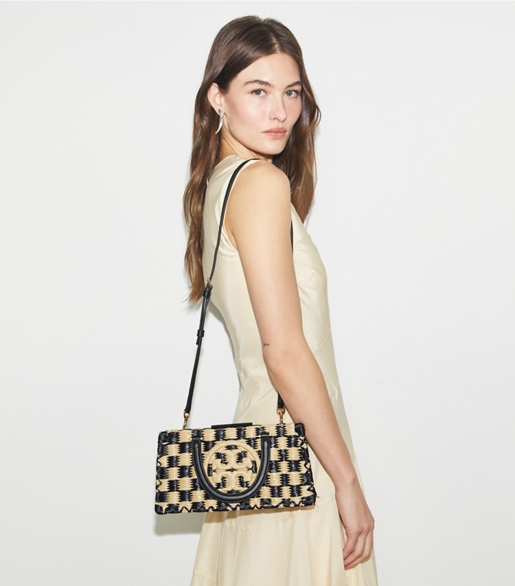 Tory Burch designer satchels Ella Hand-Crocheted East-West Tote in Black / Natural additional on model