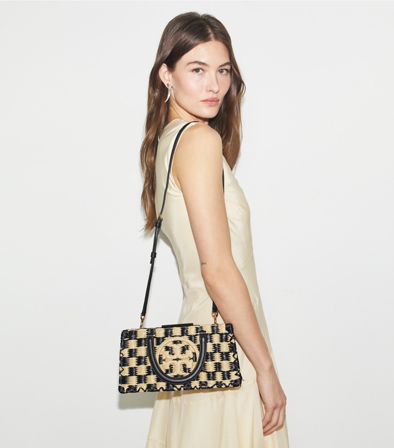 Tory Burch designer satchels Ella Hand-Crocheted East-West Tote in Black / Natural angle