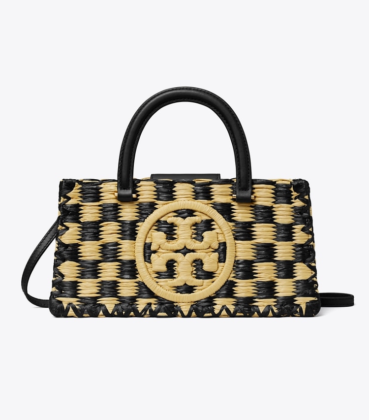 Tory Burch designer satchels Ella Hand-Crocheted East-West Tote in Black / Natural front