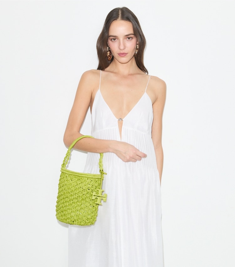 Tory Burch designer shoulder bags Ella Hand-Crocheted Popcorn Bucket Bag in Citrus Green accessory on model