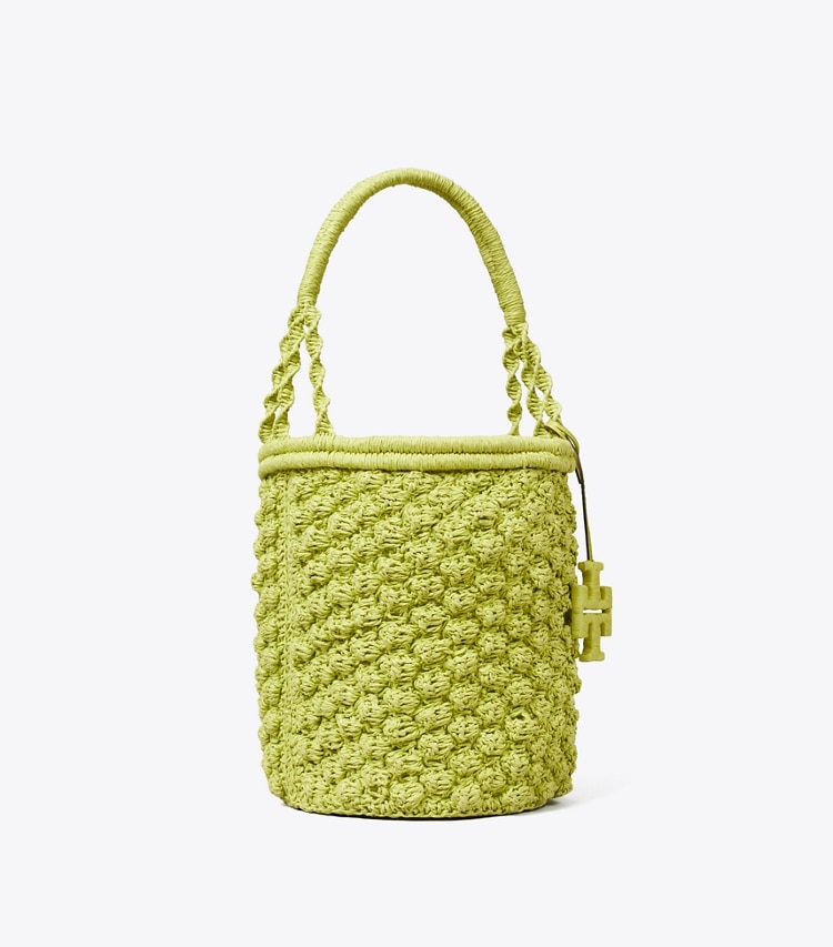 Tory Burch designer shoulder bags Ella Hand-Crocheted Popcorn Bucket Bag in Citrus Green angle