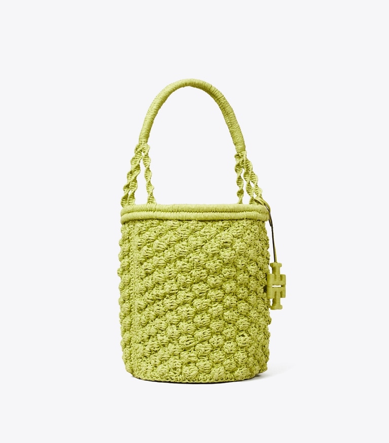 Tory Burch designer shoulder bags Ella Hand-Crocheted Popcorn Bucket Bag in Citrus Green angle