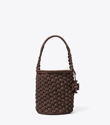 Tory Burch designer shoulder bags Ella Hand-Crocheted Popcorn Bucket Bag in Dark Cocoa front