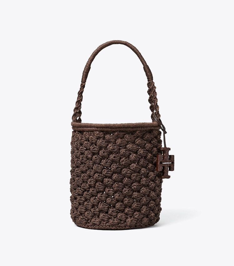 Tory Burch designer ショルダーバッグ エラ ハンドクロシェ  ポップコーン バケットバッグ in Dark Cocoa front