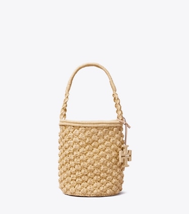 Tory Burch designer shoulder bags Ella Hand-Crocheted Popcorn Bucket Bag in Natural front