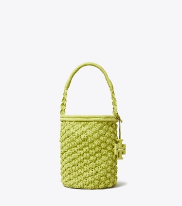 Tory Burch designer shoulder bags Ella Hand-Crocheted Popcorn Bucket Bag in Citrus Green front