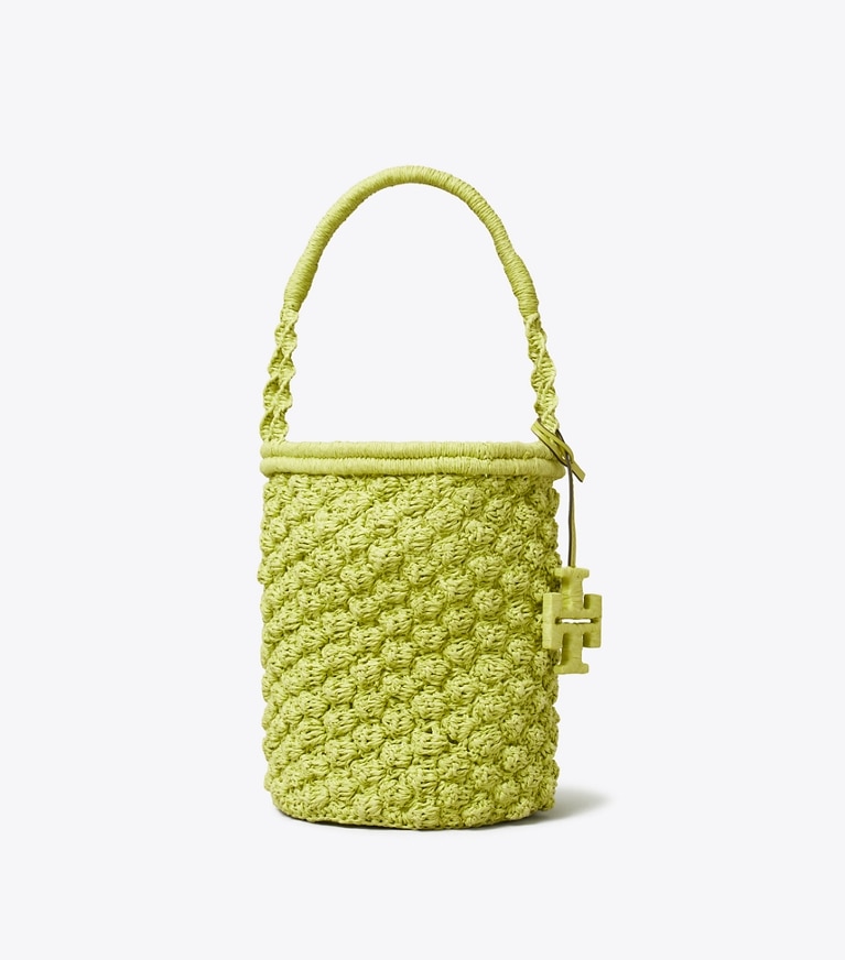 Tory Burch designer shoulder bags Ella Hand-Crocheted Popcorn Bucket Bag in Citrus Green front