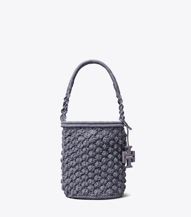 Tory Burch designer shoulder bags Ella Hand-Crocheted Popcorn Bucket Bag in Gray front