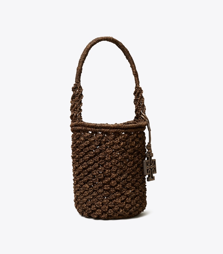 Tory Burch designer shoulder bags Ella Hand-Crocheted Popcorn Stitch Bucket Bag in Dark Cocoa angle