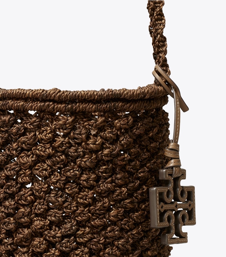 Tory Burch designer shoulder bags Ella Hand-Crocheted Popcorn Stitch Bucket Bag in Dark Cocoa detail
