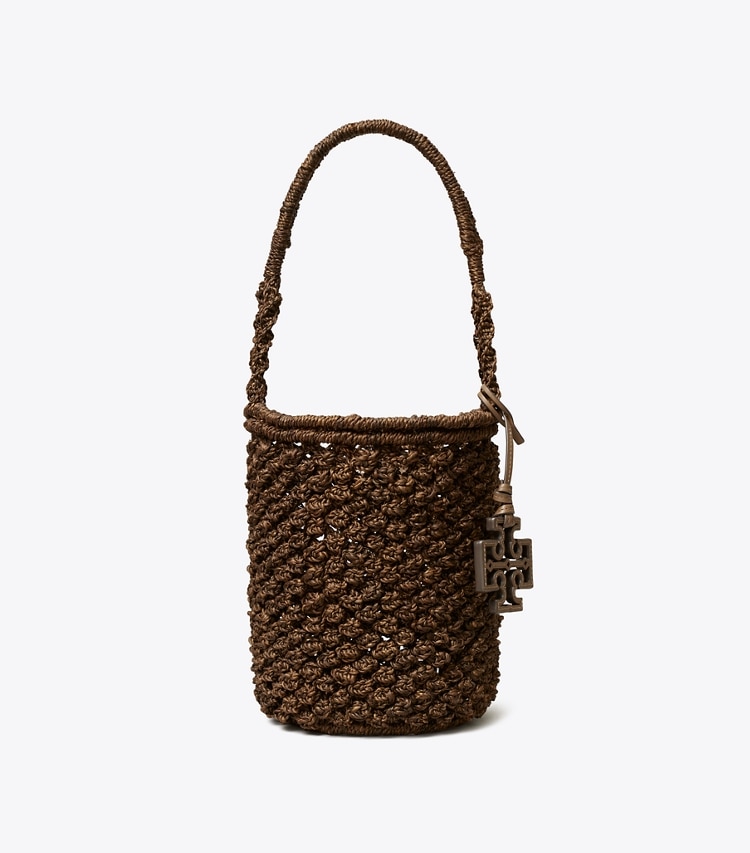Tory Burch designer shoulder bags Ella Hand-Crocheted Popcorn Stitch Bucket Bag in Dark Cocoa front