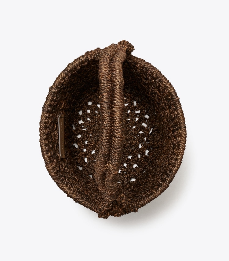 Tory Burch designer shoulder bags Ella Hand-Crocheted Popcorn Stitch Bucket Bag in Dark Cocoa overhead
