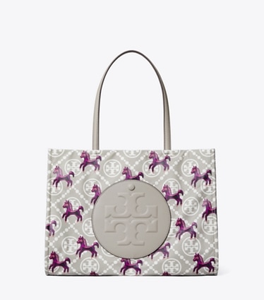 Tory Burch designer tote bags Ella Horse Nylon Small Tote in Gray / Magenta front