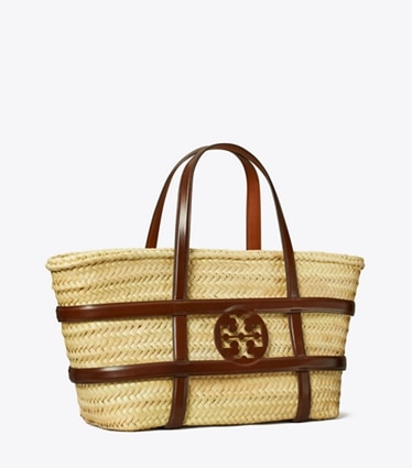 Tory Burch designer tote bags Ella Korbtasche in Classic Cuoio angle
