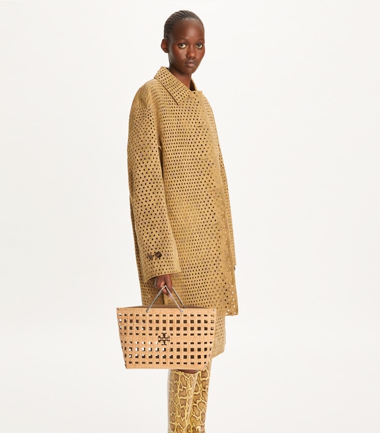 Tory Burch designer tote bags Ella Market Tote in Sandy Soil accessory on model
