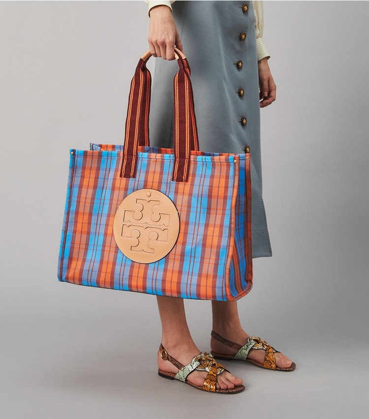 Tory Burch designer tote bags Ella Mesh Market Tote Bag in BLUE, ORANGE MERCADO PLAID accessory on model