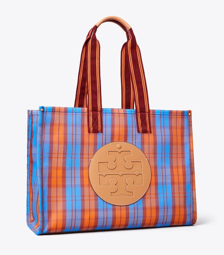 Tory Burch designer tote bags Ella Mesh Market Tote Bag in BLUE, ORANGE MERCADO PLAID angle
