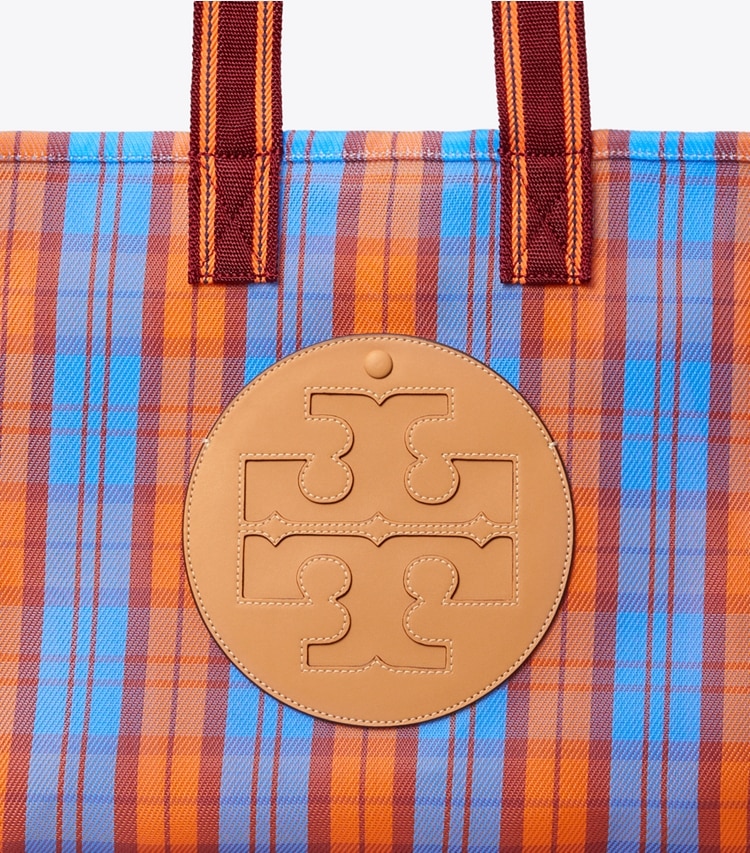 Tory Burch designer tote bags Ella Mesh Market Tote Bag in BLUE, ORANGE MERCADO PLAID detail